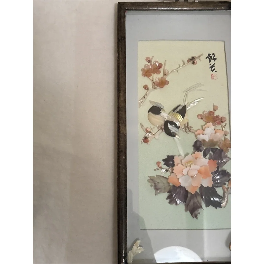 Vintage Chinese Shell Art Birds Flowers Diorama Shadow Box Pearl Brand